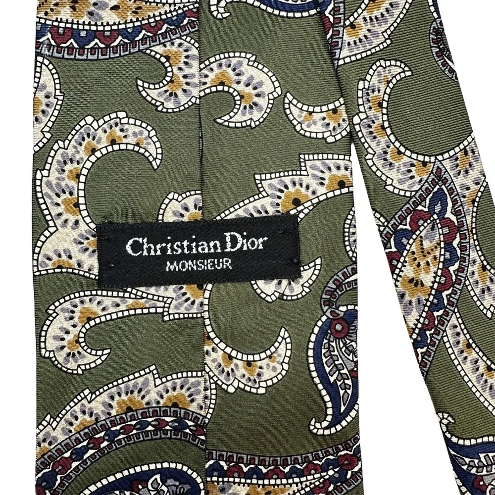 CHRISTIAN DIOR Men's Paisley Neck Tie • 100%‎ Silk • olive green, multicolor